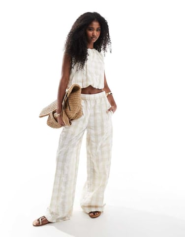 ASOS DESIGN gingham seersucker trousers co-ord in neutral