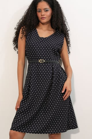 Polka Dot Belted Midi A-Line Dress