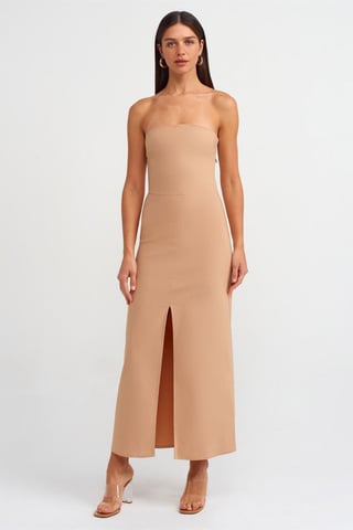 Strapless Fitted Midi Dress With Slit