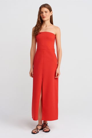 Strapless Fitted Midi Dress With Slit