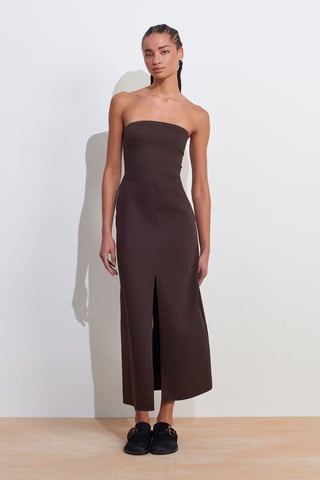 Strapless Fitted Midi Dress With Slit