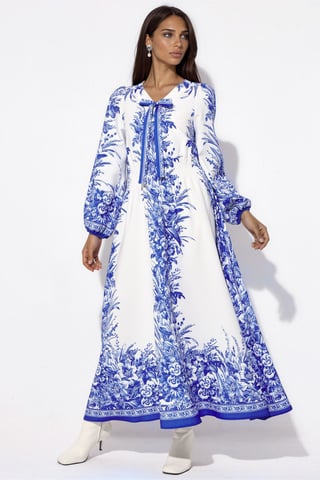 Printed V-neck Maxi Dress With Tie Detail
