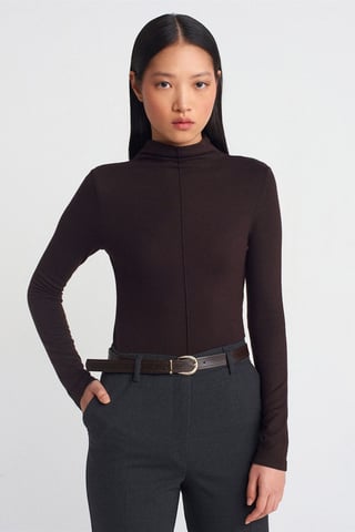 Ribbad polokrage blus med lång ärm