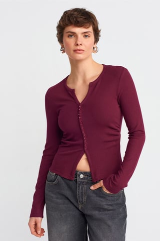 Slim Fit Ribbed Button-Front Blouse