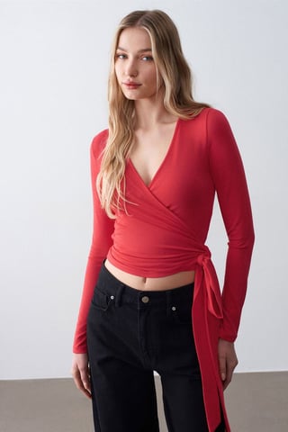Women’s Crop Wrap Blouse With Tie Detail
