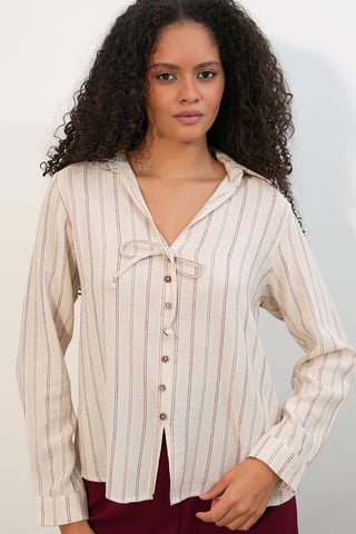 Striped Linen Blend Shirt With Tie Detail