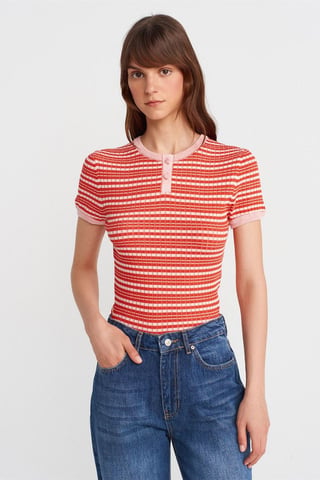 Randig Ribbad Knapp-front Blus