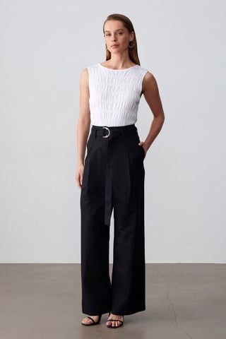 Belted Wide-Leg Linen Blend Trousers