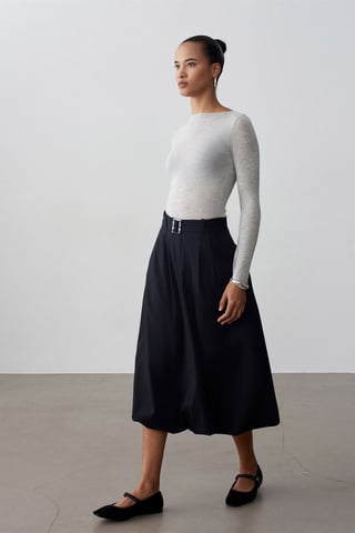 High-waist Belted Midi Balloon Skirt