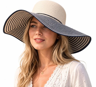Ladies Wide Brim Striped Sun Hat Foldable Adjustable Beach Hat in Black
