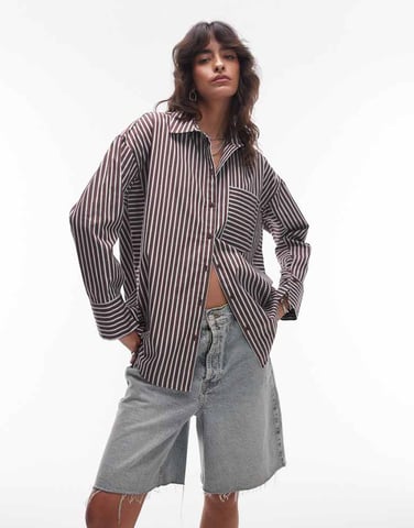 Topshop oversized shirt in brown and blue stripe