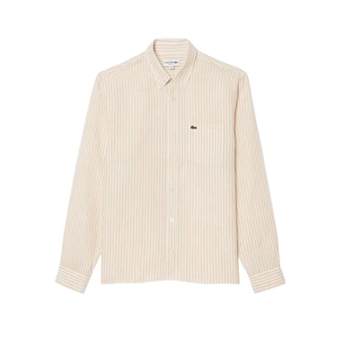 Lacoste Mens Striped Linen Regular Button-Down Shirt (White)