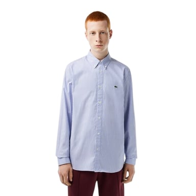 Lacoste Mens Striped Premium Cotton Regular Button-Down Shirt (White Stripe)