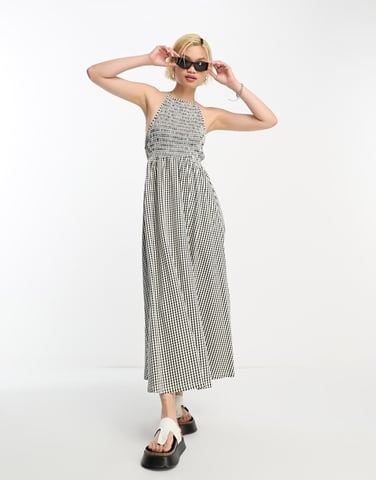 ASOS DESIGN halter midaxi dress with shirred bodice in mono gingham