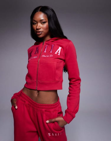 Kaiia cotton blend embroidered logo oversized hoodie co-ord in red and pink