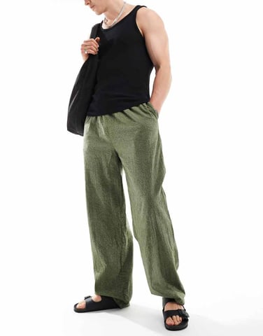 COLLUSION textured beach woven trouser in khaki - LGREEN