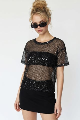 Sequin Woven Crew Neck Blouse