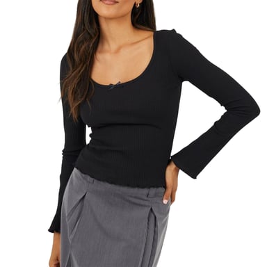 Brave Soul Womens/Ladies Ribbed Bow Detail Long-Sleeved Top (Black)