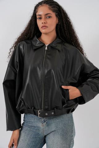 Oversized fusk läder jacka med bälte