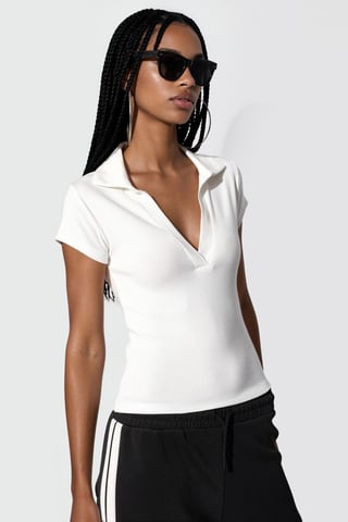Ribbed Slim-Fit Polo Blouse