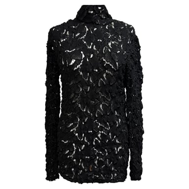 Bottega Veneta Lace Pattern Mock Neck Blouse in Black Polyester