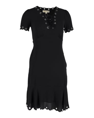 Michael Kors Eyelet Lace-Up Scallop Dress in Black Polyester