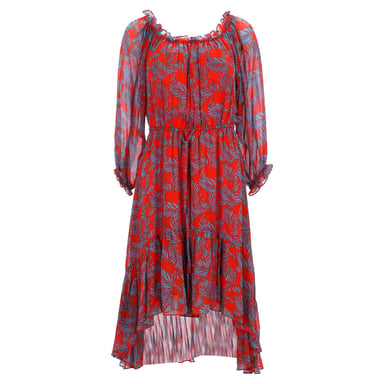 Diane Von Furstenberg Printed Midi Ruffled Dress in Red Silk