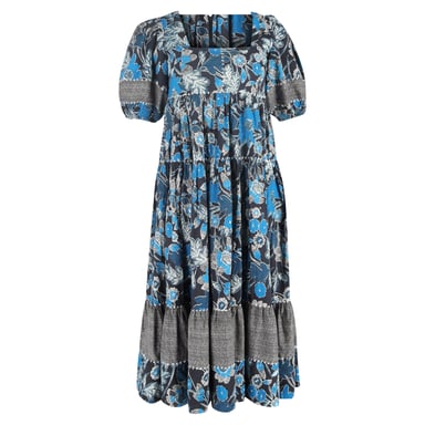 Ulla Johnson Nora Floral-Print Midi Tiered Dress in Blue Cotton