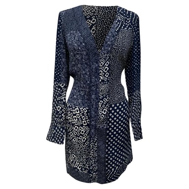 Diane von Furstenberg Reid Patchwork Printed Mini Dress in Navy Blue Silk