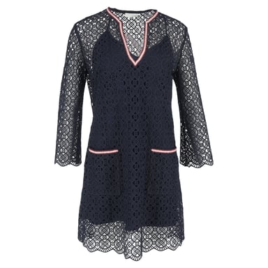 Sandro Paris Lace Mini Dress in Navy Blue Polyester