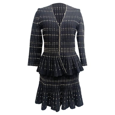 Alexander Mcqueen Striped Peplum Cardigan and Midi Skirt Set in Black Viscose