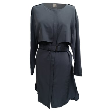 Iris & Ink Belted Long Sleeve Midi Dress in Black Silk