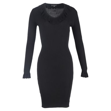 Joseph Ribbed Midi Dress with Ruffles in Black Wool