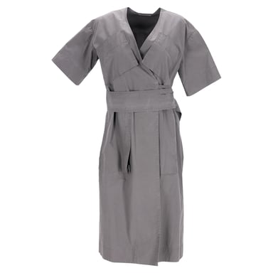 Celine Belted V-Neck Midi Dress with Pockets in Grey Cotton