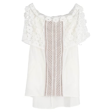 Self-Portrait Floral-Lace Detailed Off-Shoulder Mini Dress in White Cotton