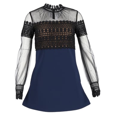 Self-Portrait Lace Long Sleeve Mini Dress in Navy Blue Polyamide