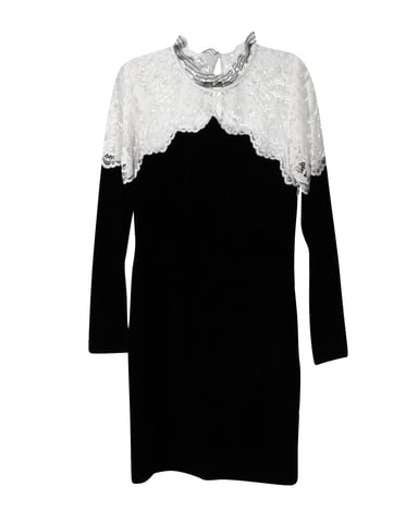 Sandro Paris Two-Tone Lace Midi Dress in Black/White Viscose