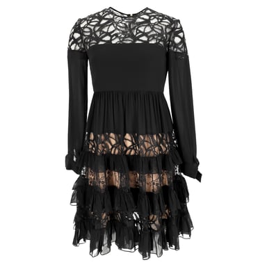 Elie Saab Lace-Trimmed Long Sleeve Mini Tiered Dress in Black Polyamide