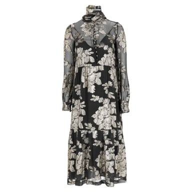 Saint Laurent Floral Sheered Midi Dress in Black Silk
