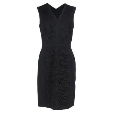 Hugo Boss Lace Detail Midi V-Neck Dress in Black Wool
