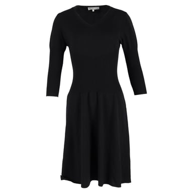 Max Mara V-Neck 3/4 Sleeve Midi Dress in Black Wool