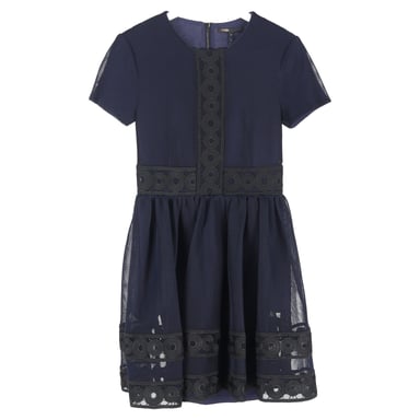 Maje Lace-Trimed Crewneck Mini Dress in Navy Blue Polyester