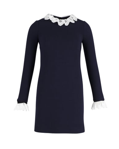 Victoria Beckham Broderie Anglaise-trimmed Mini Shift Dress in Navy Blue Wool