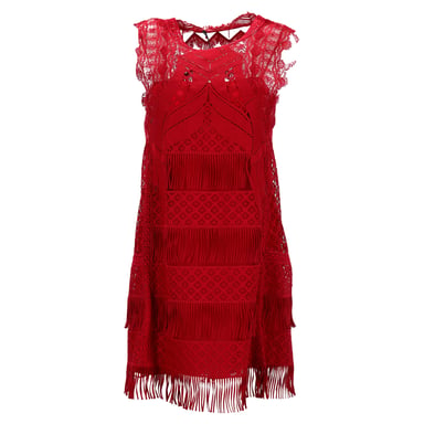 Alberta Ferretti Land and Fringe Detail Mini Dress in Red Acetate