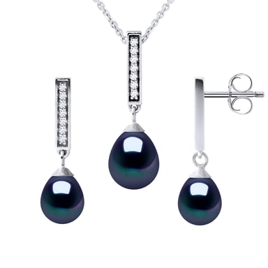 Finery Montaigne Necklace & Earrings Dangle Black Freshwater Pearl 925