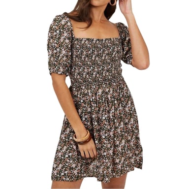 Brave Soul Womens/Ladies Floral Square Neck Puff Sleeve Mini Dress (Pink/Multicoloured)