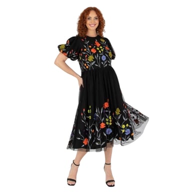 Maya Deluxe Womens/Ladies Floral Crew Neck Puff Sleeve Midi Dress (Black)
