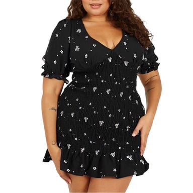 Brave Soul Womens/Ladies V Neck Plus Puff Sleeve Mini Dress (Black/White)