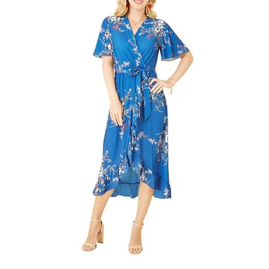 Mela London Womens/Ladies Floral V Neck Flutter Wrap Dress (Blue)