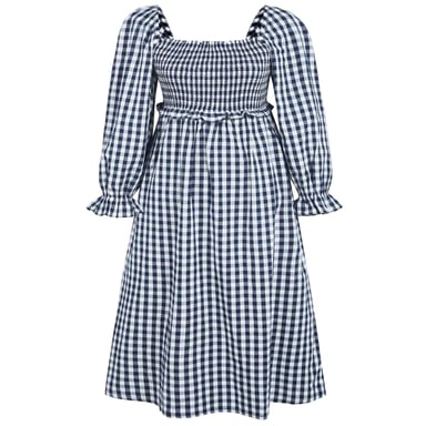 Miso Midi-jurk met lange mouwen en gingham-patroon voor dames (Marine, Wit)